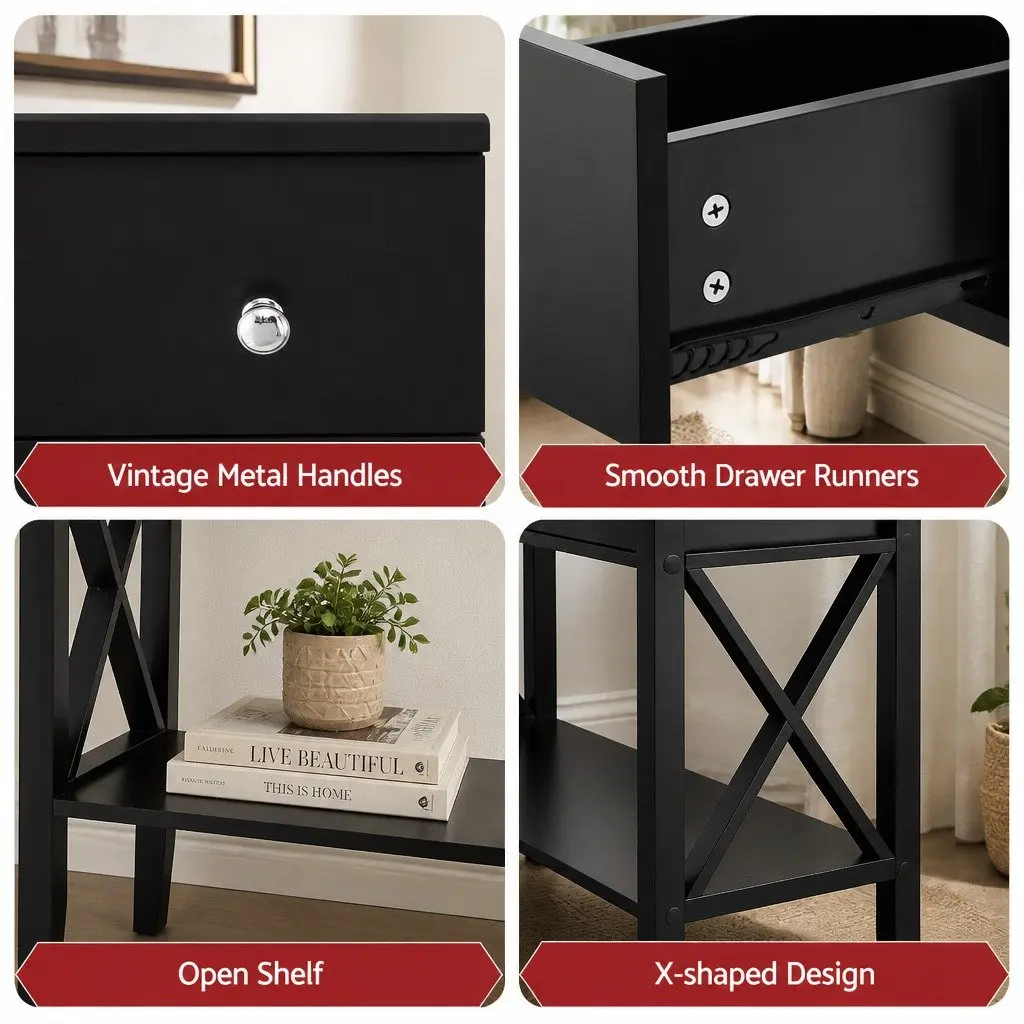 Console Table 2 Drawers 100cm Black Living Room Side Table Storage Open Shelf
