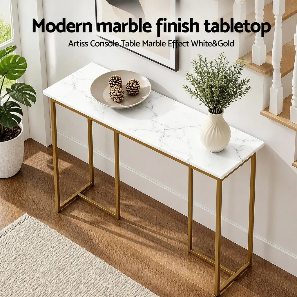 Console Table Marble Effect White Gold Modern Side Hallway Entryway Storage