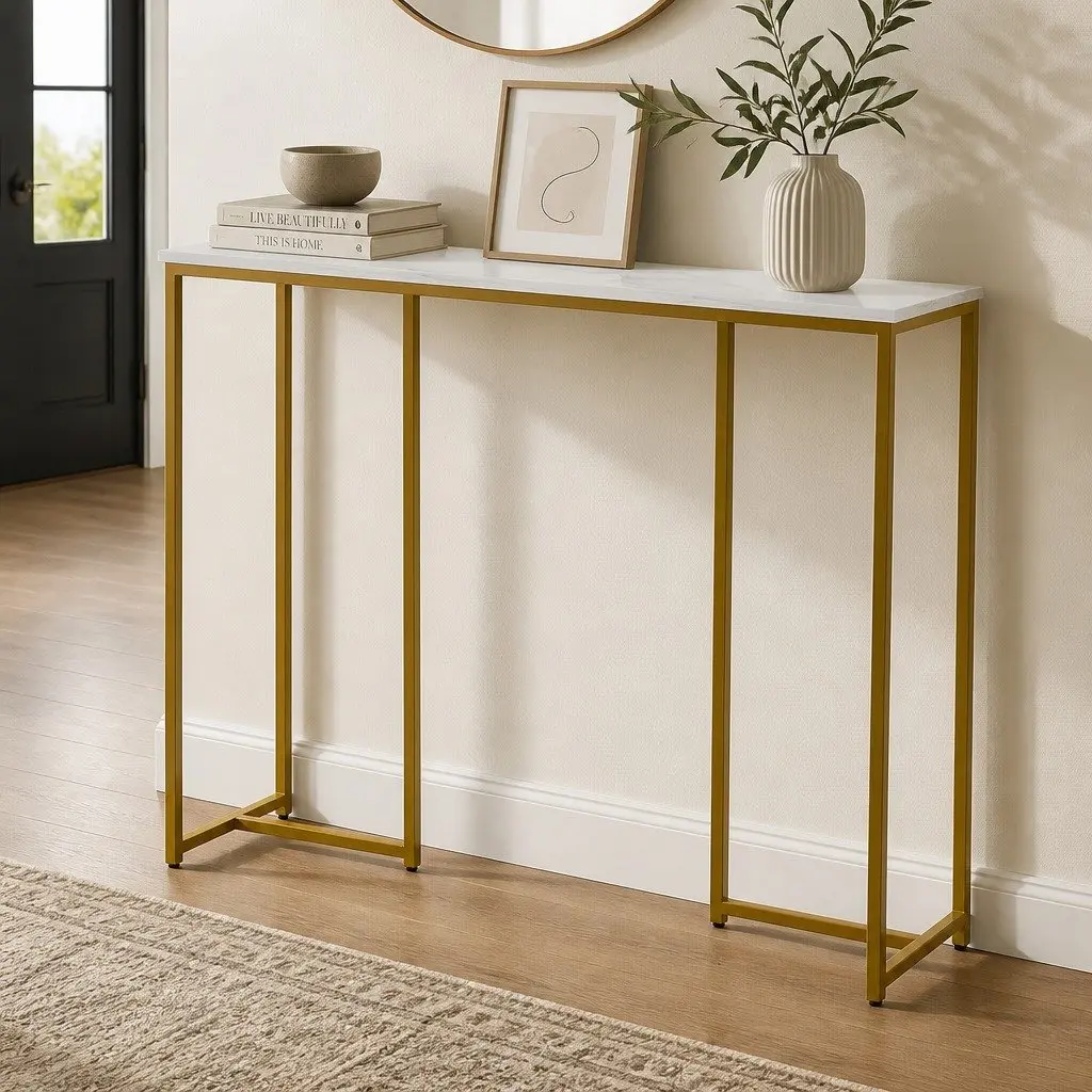 Console Table Marble Effect White Gold Modern Side Hallway Entryway Storage
