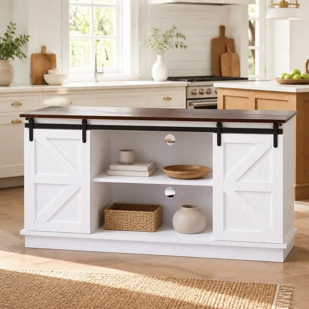 Buffet Sideboard Storage Cabinet White 150cm Sliding Barn Doors 2-Tier Shelves