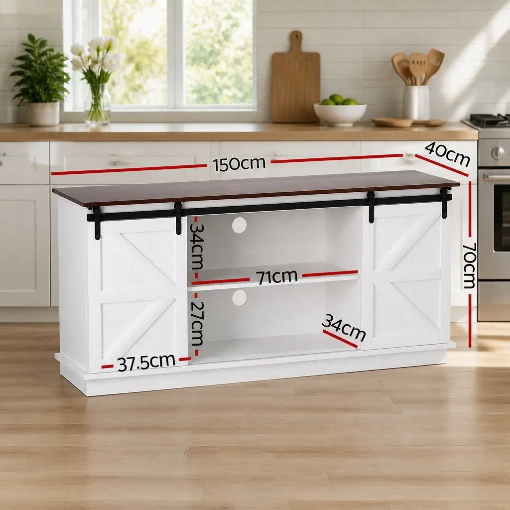 Buffet Sideboard Storage Cabinet White 150cm Sliding Barn Doors 2-Tier Shelves