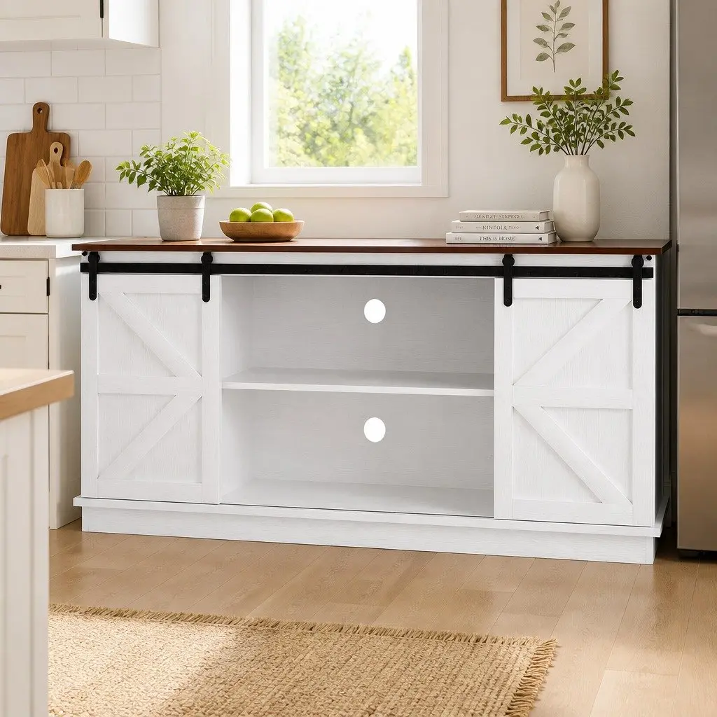 Buffet Sideboard Storage Cabinet White 150cm Sliding Barn Doors 2-Tier Shelves