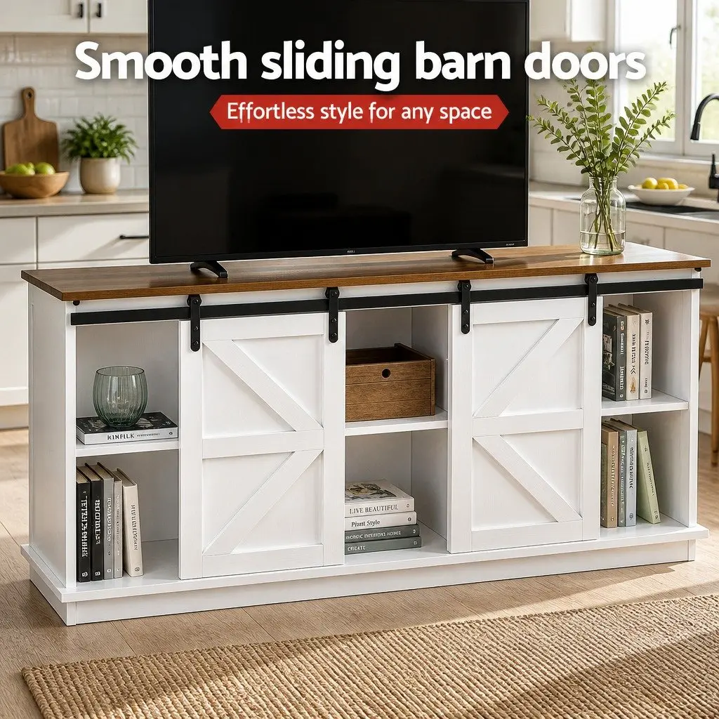 Buffet Sideboard Storage Cabinet White 150cm Sliding Barn Doors 2-Tier Shelves