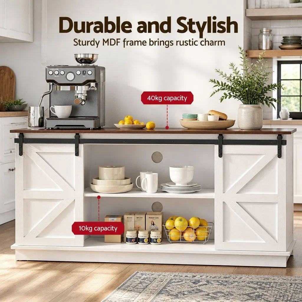 Buffet Sideboard Storage Cabinet White 150cm Sliding Barn Doors 2-Tier Shelves