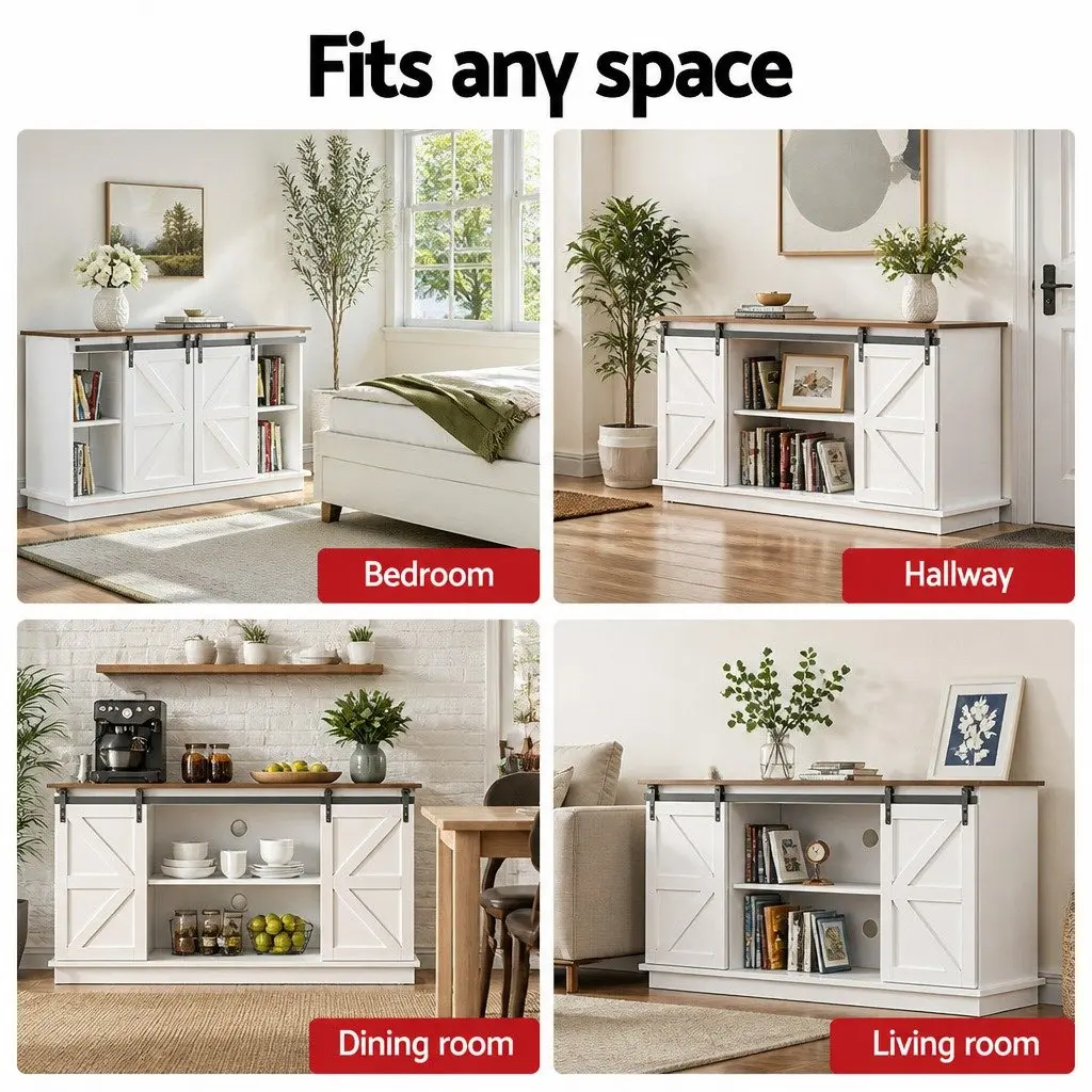 Buffet Sideboard Storage Cabinet White 150cm Sliding Barn Doors 2-Tier Shelves