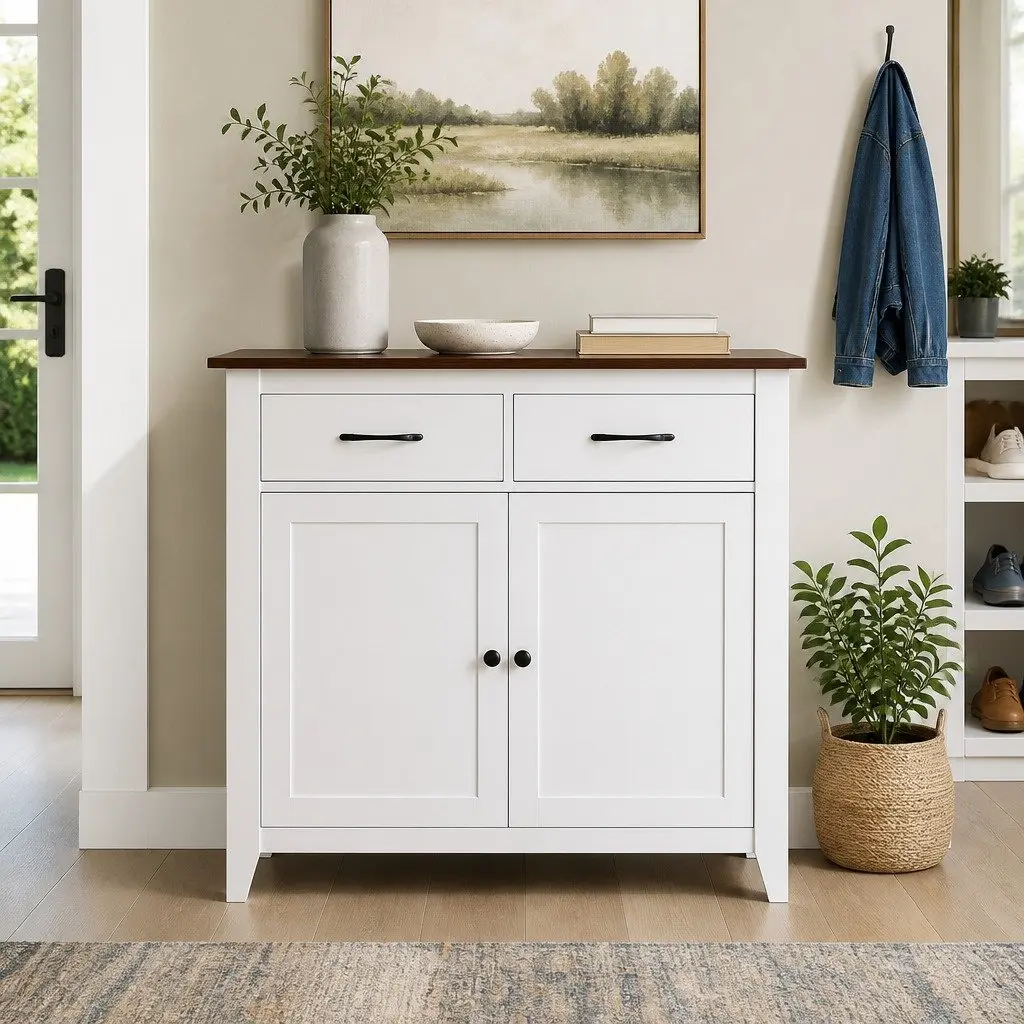 Buffet Sideboard Storage Cabinet White 90cm Walnut-look Top 2 Drawers