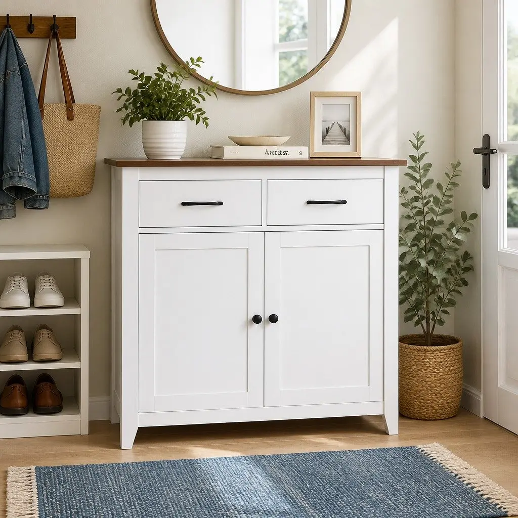 Buffet Sideboard Storage Cabinet White 90cm Walnut-look Top 2 Drawers