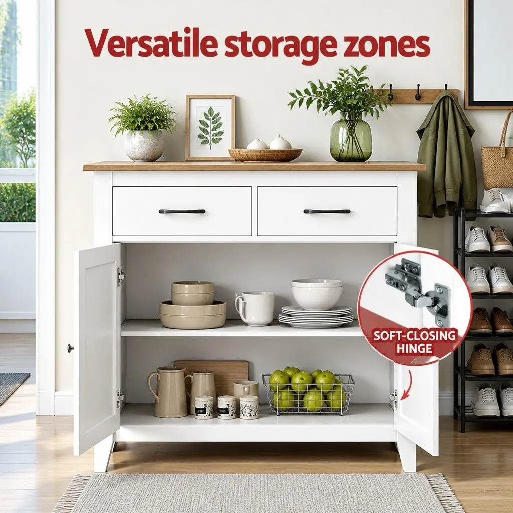 Buffet Sideboard Storage Cabinet White 90cm Walnut-look Top 2 Drawers
