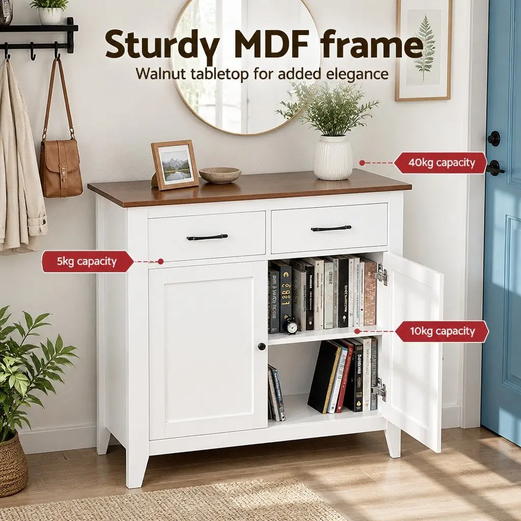Buffet Sideboard Storage Cabinet White 90cm Walnut-look Top 2 Drawers