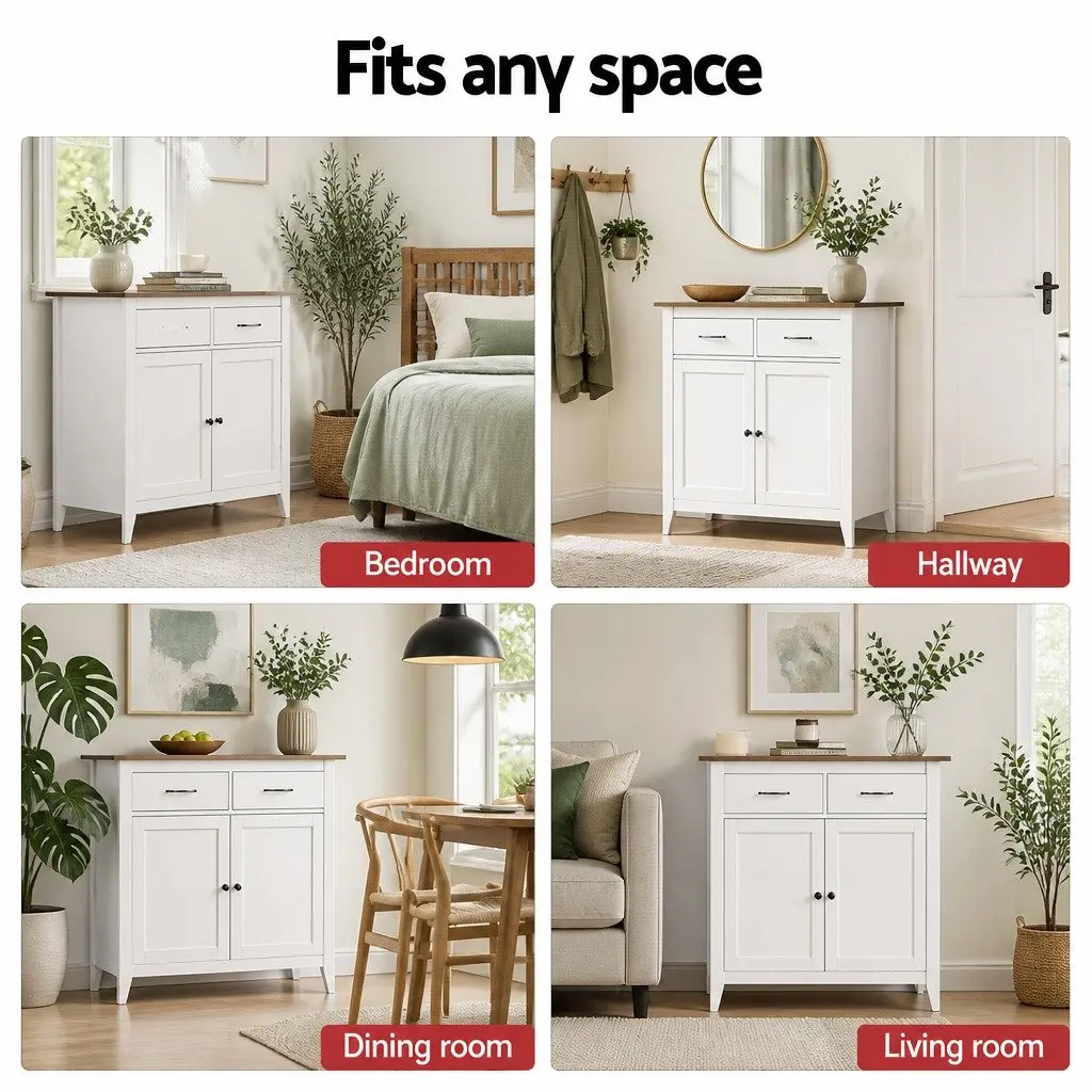 Buffet Sideboard Storage Cabinet White 90cm Walnut-look Top 2 Drawers