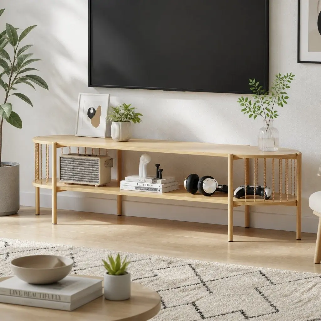 TV Unit Pine 148cm Open Shelving Media Stand Reinforced Particleboard