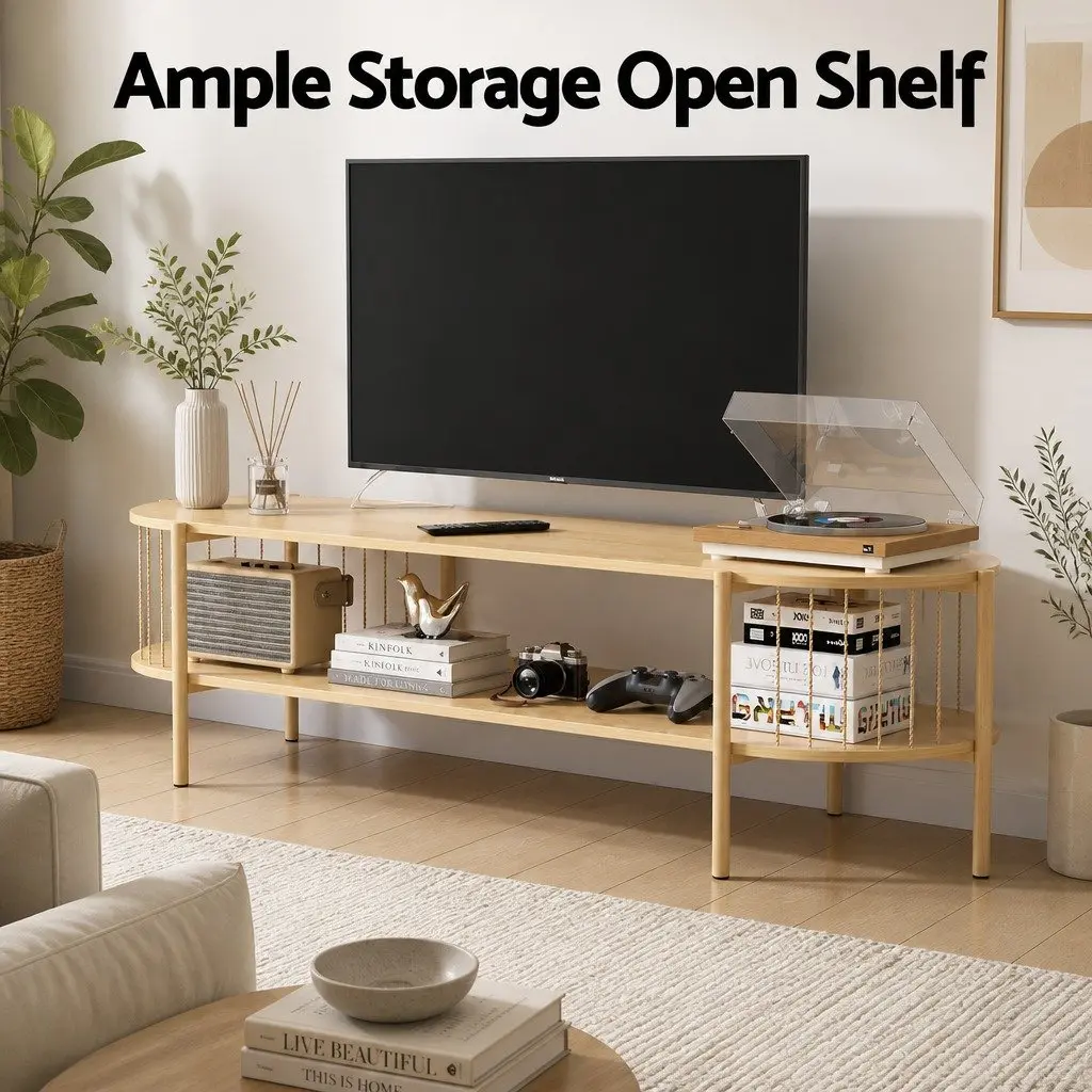 TV Unit Pine 148cm Open Shelving Media Stand Reinforced Particleboard