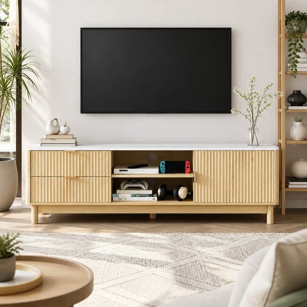 TV Unit Pine 150cm Storage Drawers Open Shelves Solid Wood Feet