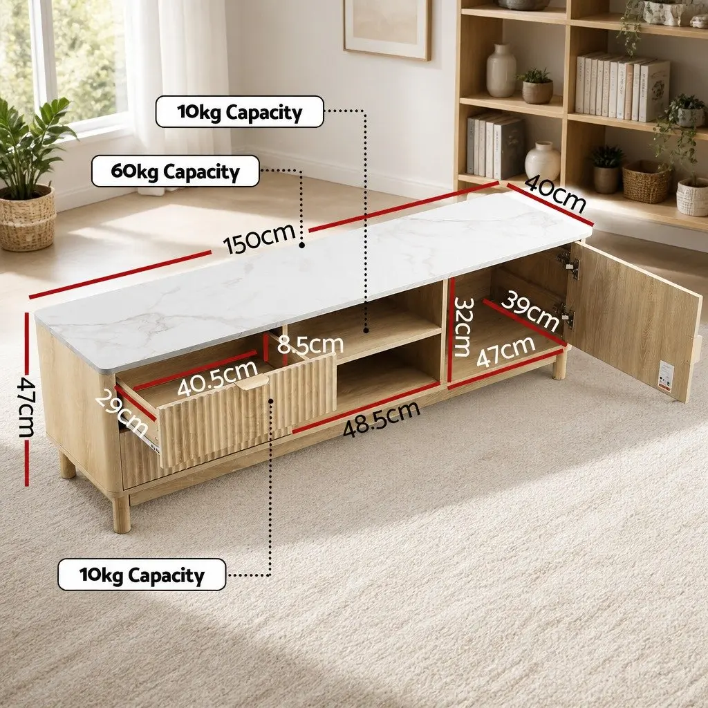 TV Unit Pine 150cm Storage Drawers Open Shelves Solid Wood Feet