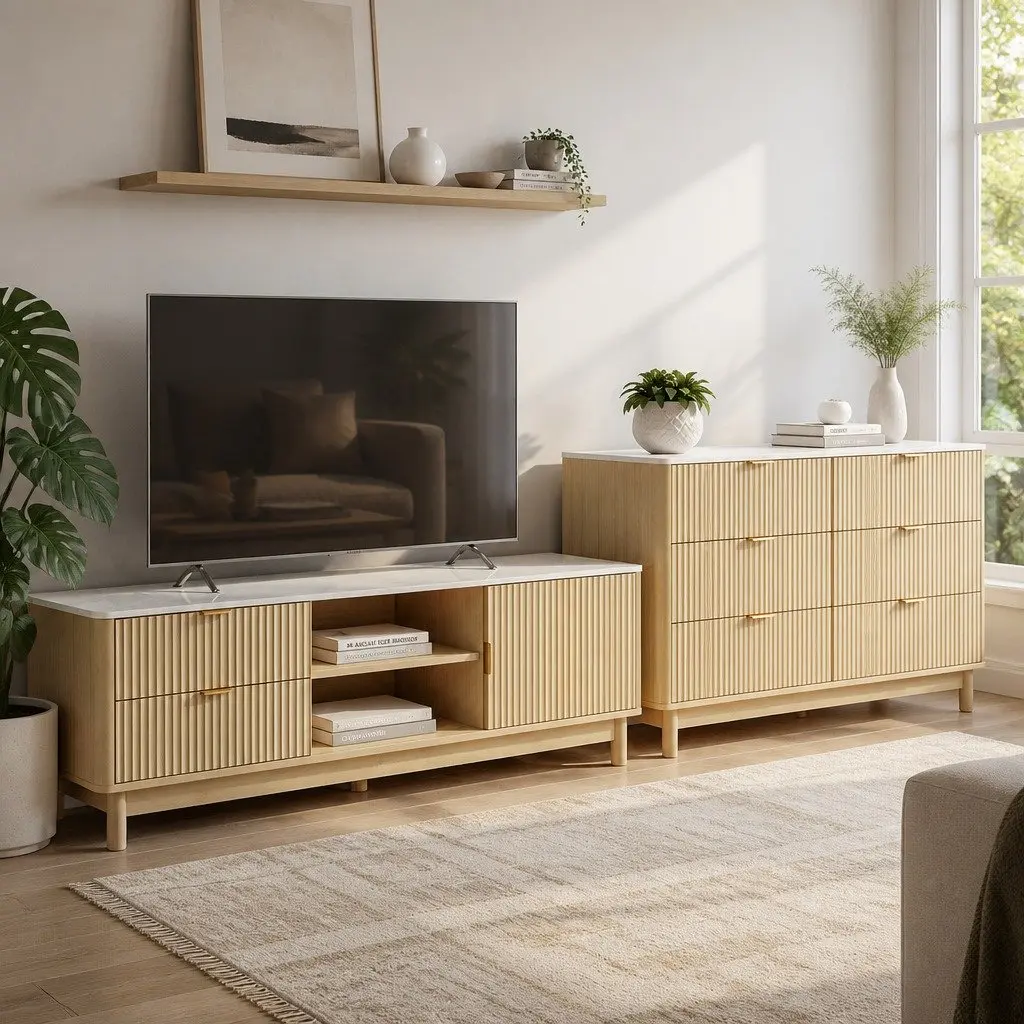 TV Unit Chest of Drawers Set Pine 2 Piece Solid Wood Legs Storage Combo