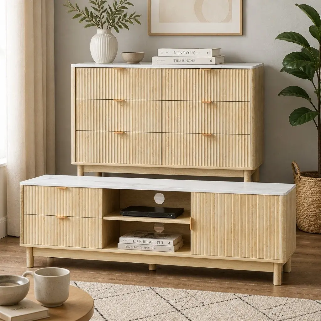 TV Unit Chest of Drawers Set Pine 2 Piece Solid Wood Legs Storage Combo