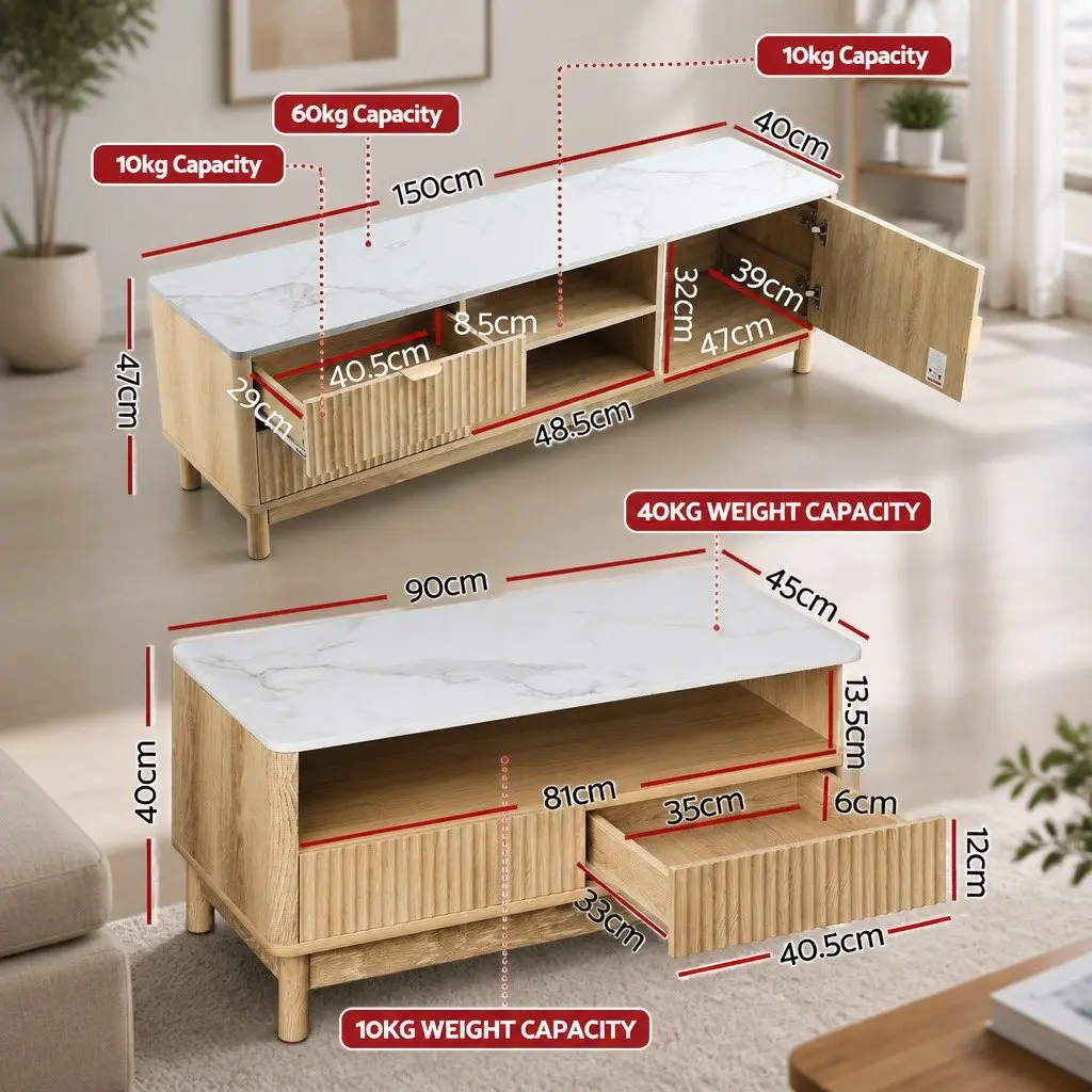 TV Entertainment Unit & Coffee Table Set with Storage Drawers Pine Wood Legs