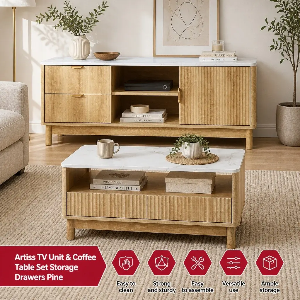 TV Entertainment Unit & Coffee Table Set with Storage Drawers Pine Wood Legs
