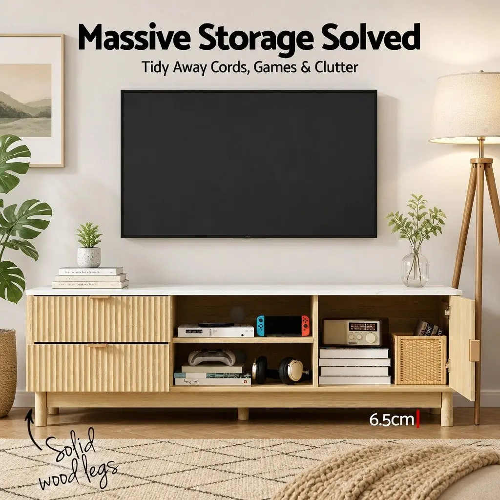 TV Entertainment Unit & Coffee Table Set with Storage Drawers Pine Wood Legs
