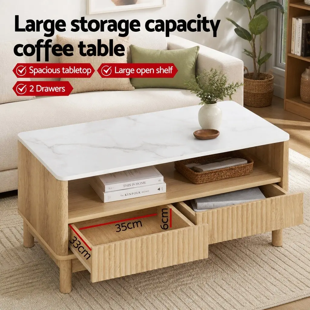 TV Entertainment Unit & Coffee Table Set with Storage Drawers Pine Wood Legs