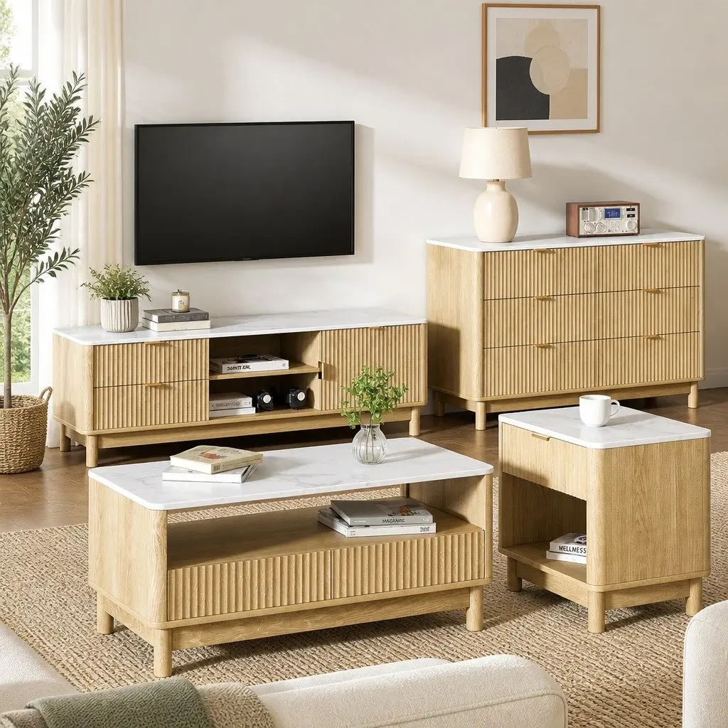 TV Entertainment Unit & Coffee Table Set with Storage Drawers Pine Wood Legs