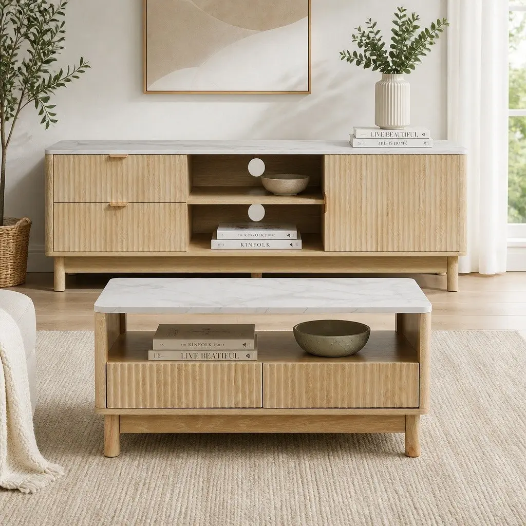 TV Entertainment Unit & Coffee Table Set with Storage Drawers Pine Wood Legs