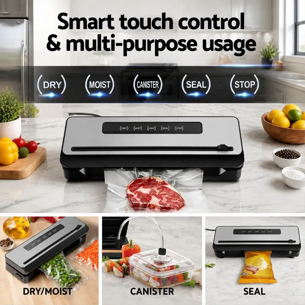 Food Vacuum Sealer Machine 110W Touch Control Cutter Dry Wet Canister Sealing