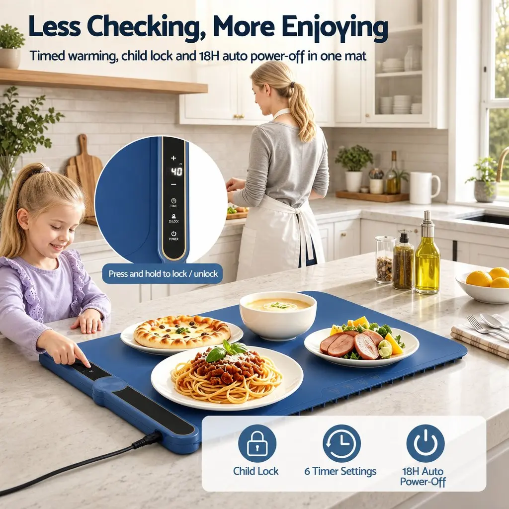 Electric Food Warming Mat 60 x 38cm Heating Tray with Timer Controls