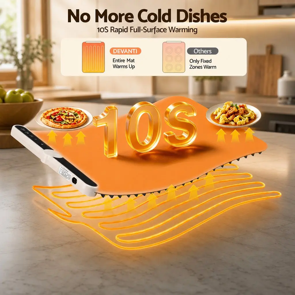 Electric Food Warming Mat 60 x 38cm Countertop Warmer Tray 9 Heat Levels Timer