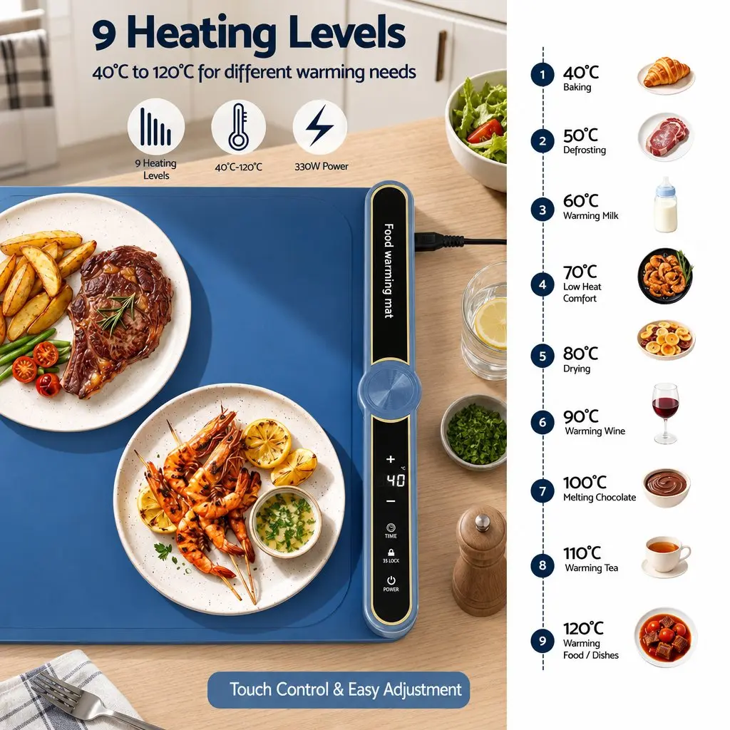 Food Warming Mat 80cm Electric Heating Tray Roll Up Buffet Dish Warmer Blue