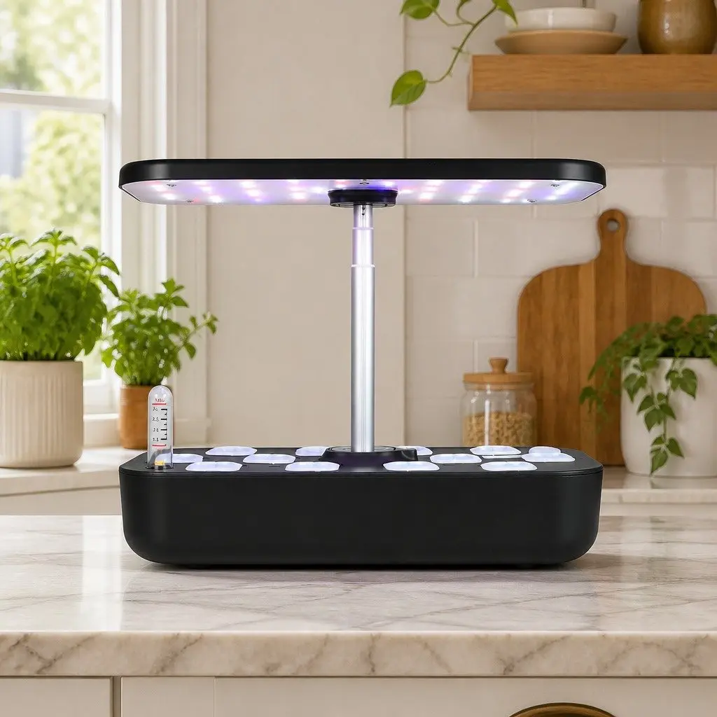 Hydroponic Growing System Black Indoor 12 Plants Adjustable LED Grow Lights Automatic Water Circulation