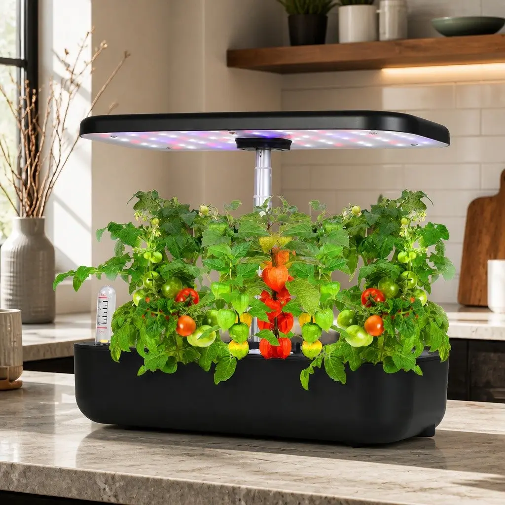 Hydroponic Growing System Black Indoor 12 Plants Adjustable LED Grow Lights Automatic Water Circulation