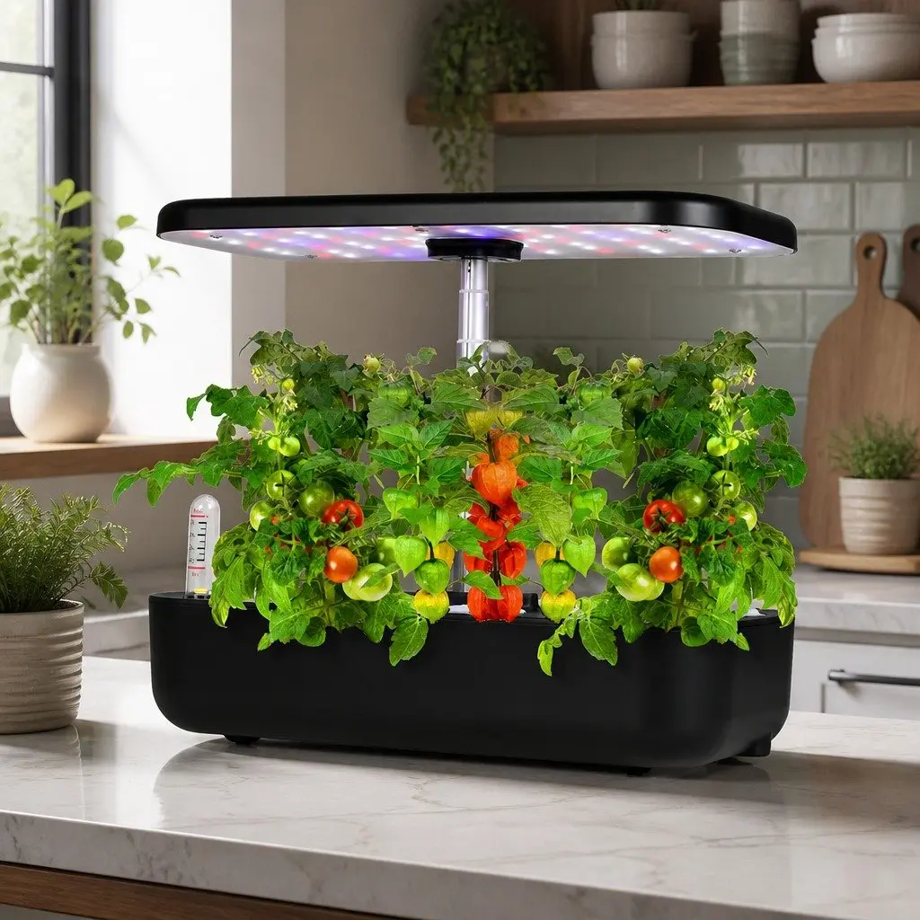 Hydroponic Growing System Black Indoor 12 Plants Adjustable LED Grow Lights Automatic Water Circulation