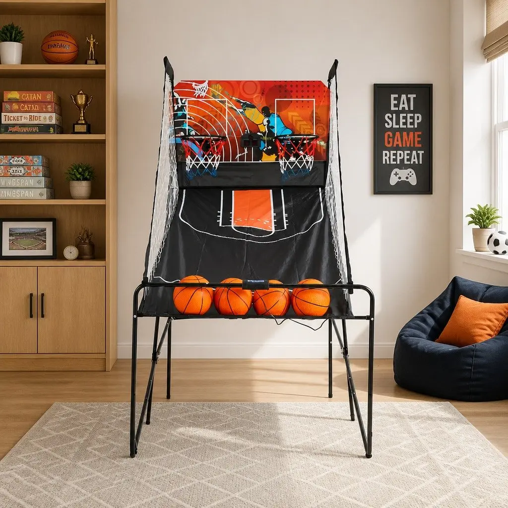 Basketball Arcade Game Black Electronic Scorer 8 Game Modes Double Shoot Machine