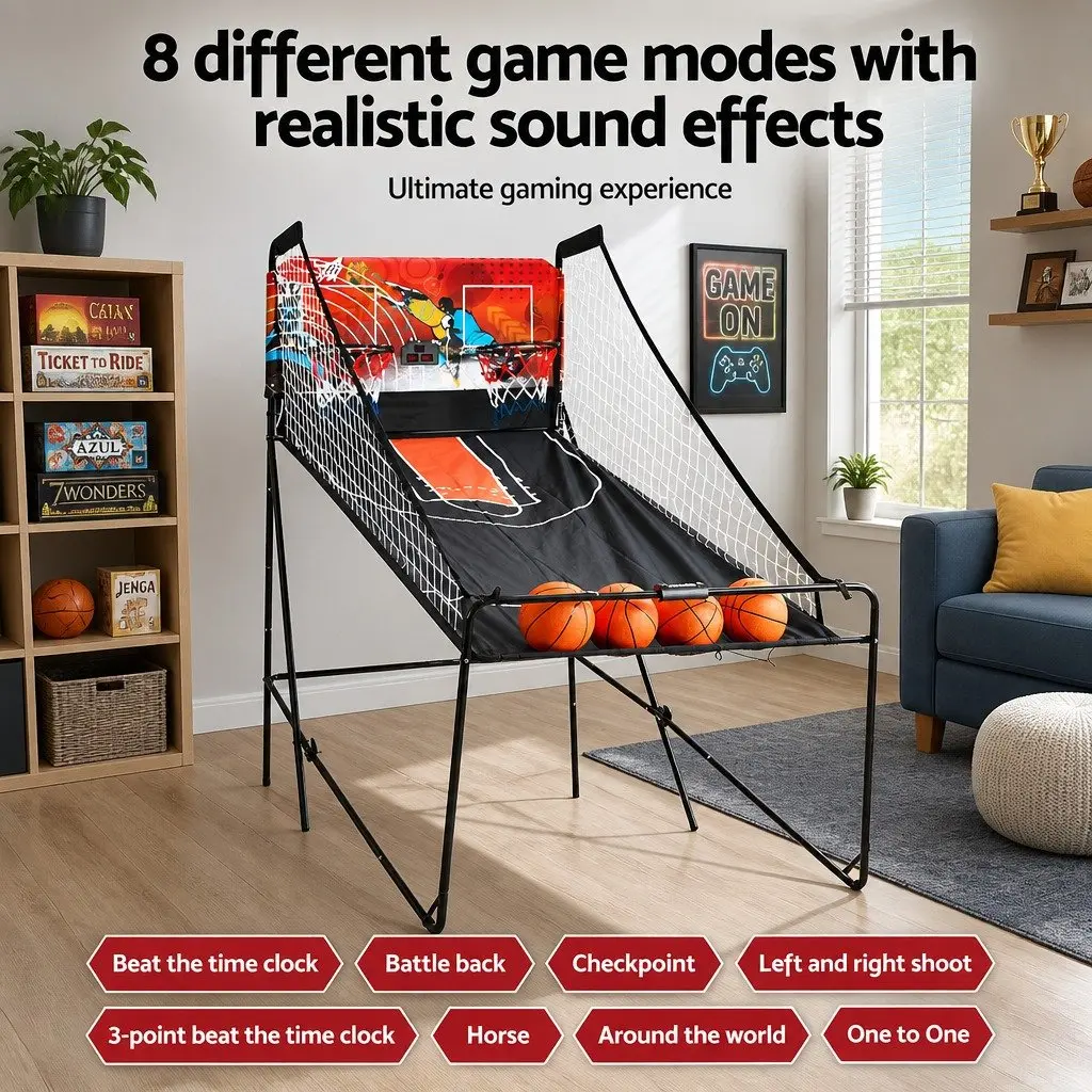 Basketball Arcade Game Black Electronic Scorer 8 Game Modes Double Shoot Machine
