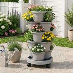 Compact 5 Tier Vertical Planter with Wheels - Light Grey