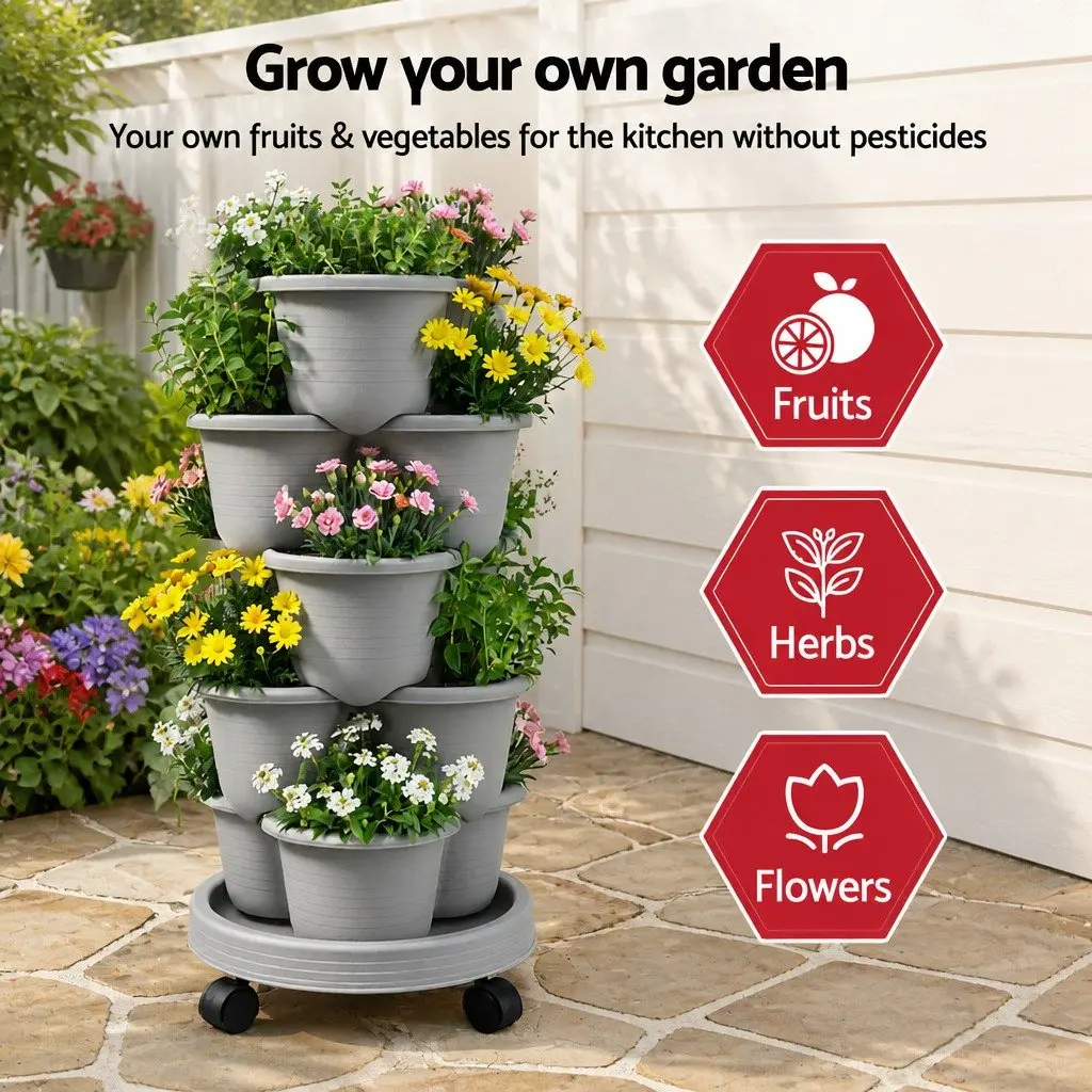 5 Tier Vertical Garden Planter Light Grey 75cm Stackable Movable with Wheels