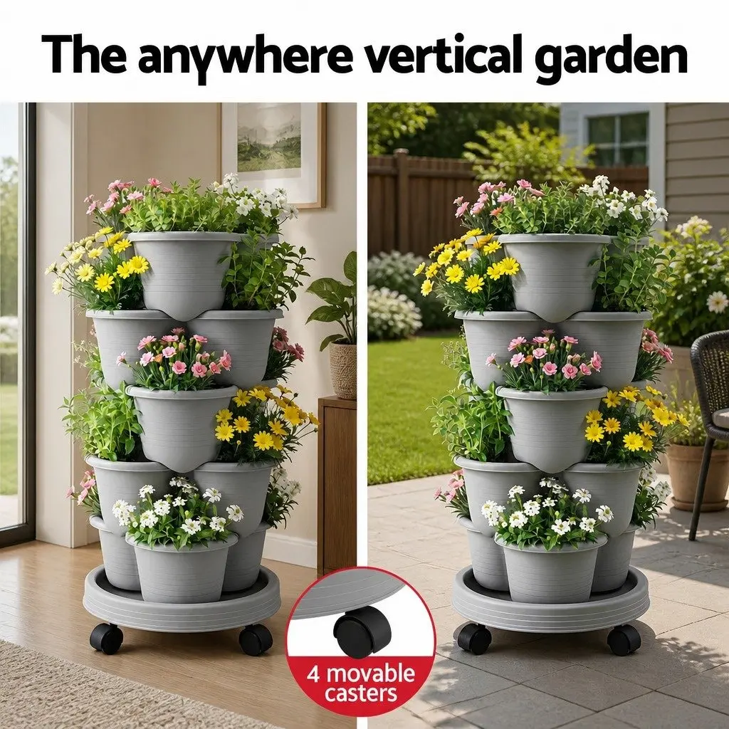 5 Tier Vertical Garden Planter Light Grey 75cm Stackable Movable with Wheels
