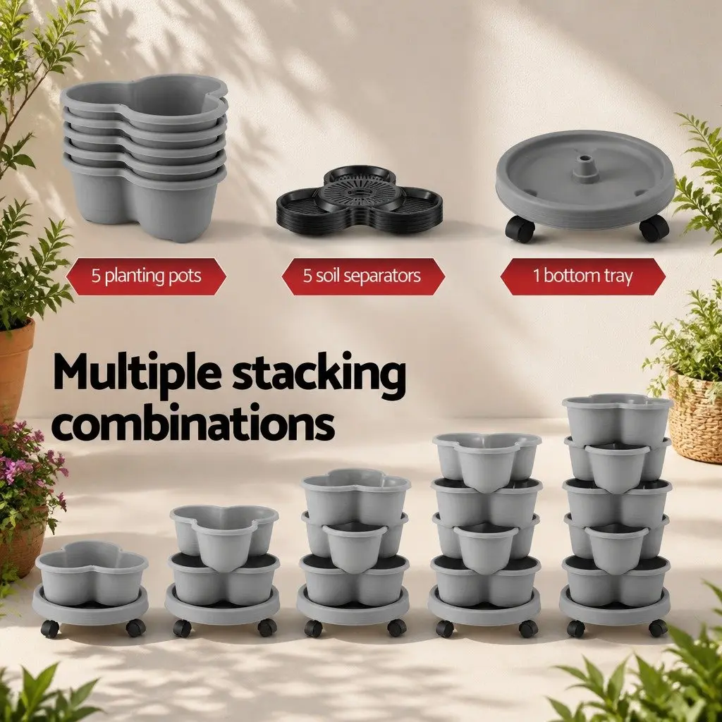 5 Tier Vertical Garden Planter Light Grey 75cm Stackable Movable with Wheels