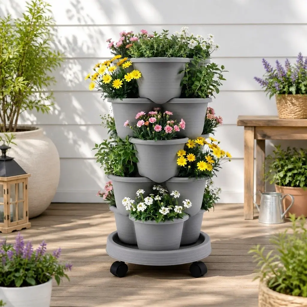 5 Tier Vertical Garden Planter Light Grey 75cm Stackable Movable with Wheels