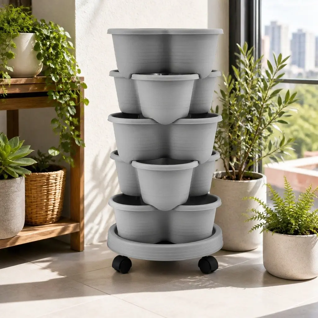 5 Tier Vertical Garden Planter Light Grey 75cm Stackable Movable with Wheels