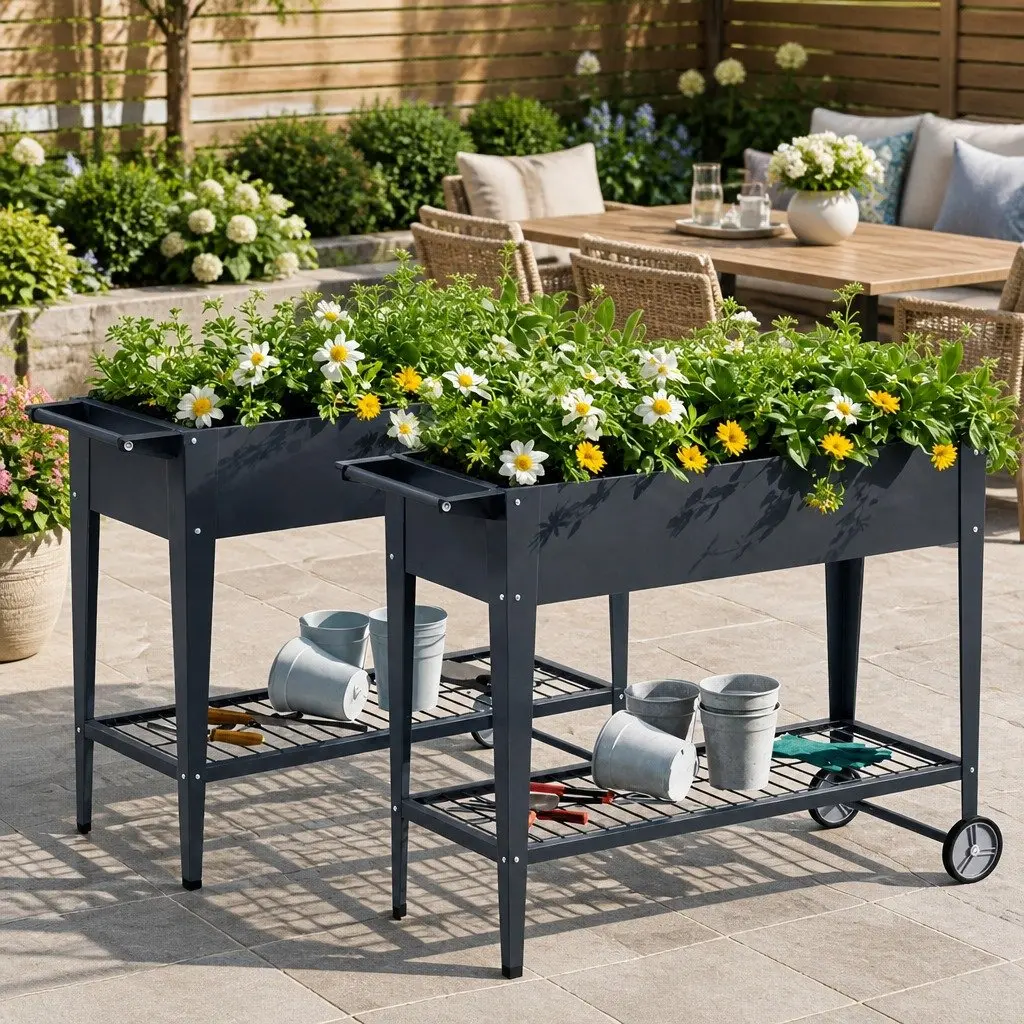 Raised Garden Bed Aluminium Grey 100x40x80cm Elevated Planter Box with Wheels