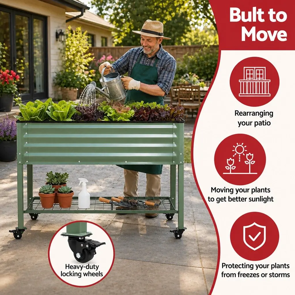 Elevated Garden Bed Green 81cm Mobile Planter with Locking Wheels and Storage Shelf