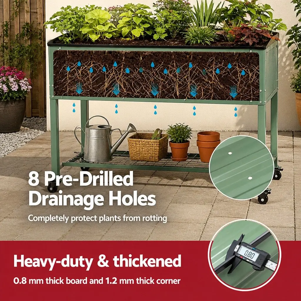 Elevated Garden Bed Green 81cm Mobile Planter with Locking Wheels and Storage Shelf