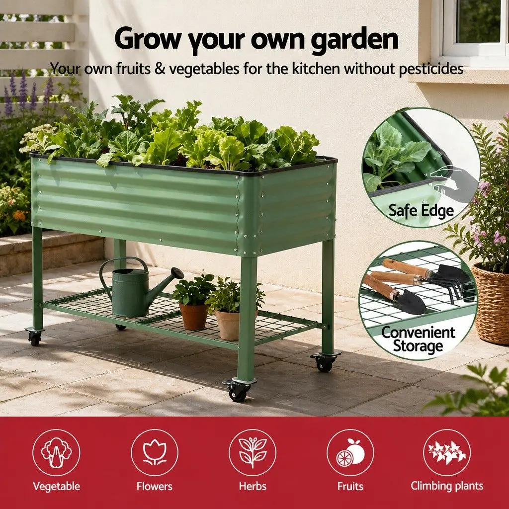 Elevated Garden Bed Green 81cm Mobile Planter with Locking Wheels and Storage Shelf