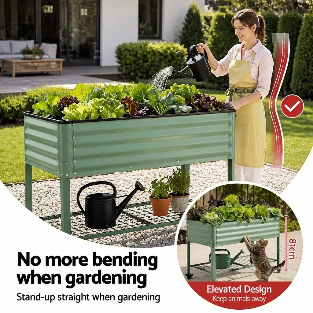 Elevated Garden Bed Green 81cm Mobile Planter with Locking Wheels and Storage Shelf