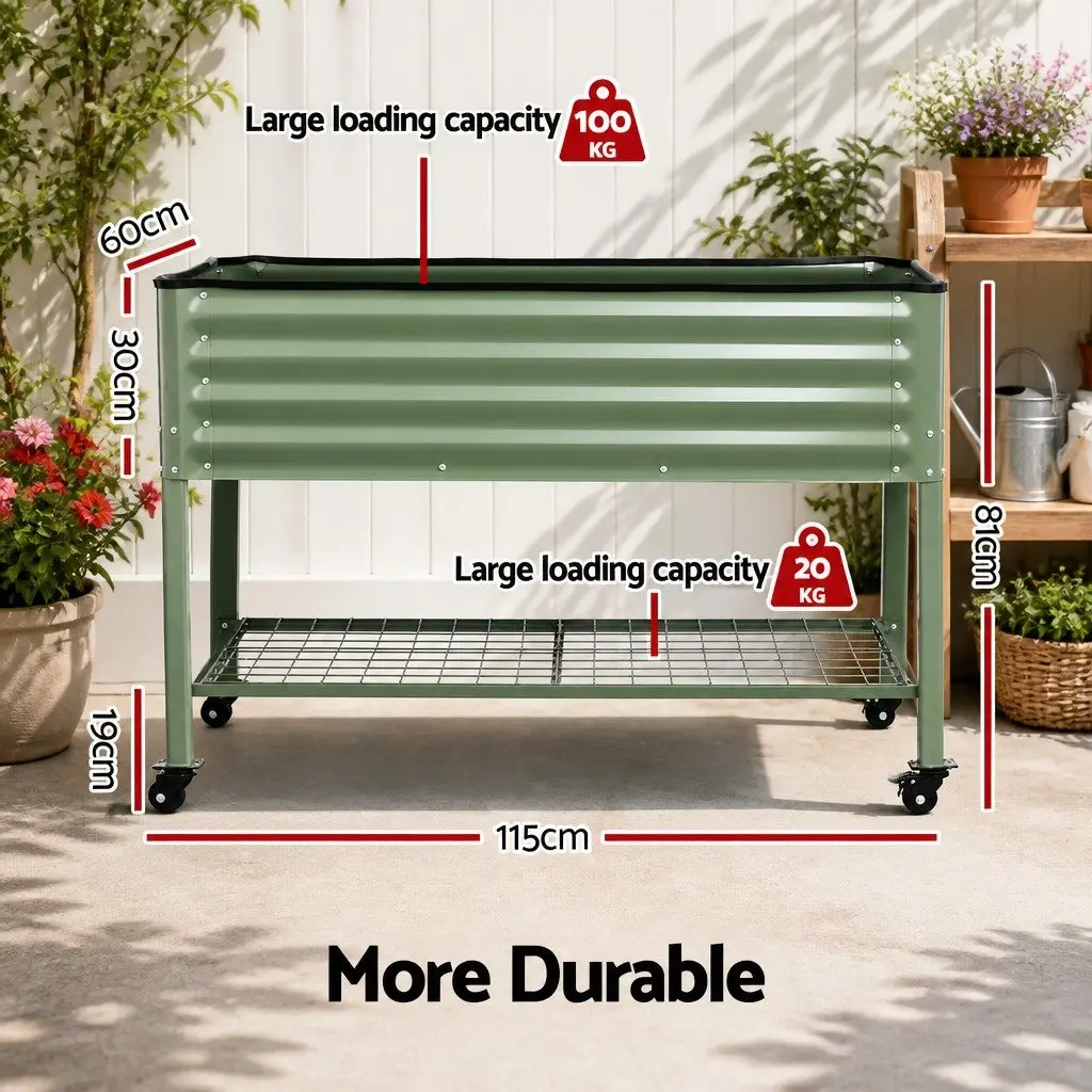 Elevated Garden Bed Green 81cm Mobile Planter with Locking Wheels and Storage Shelf