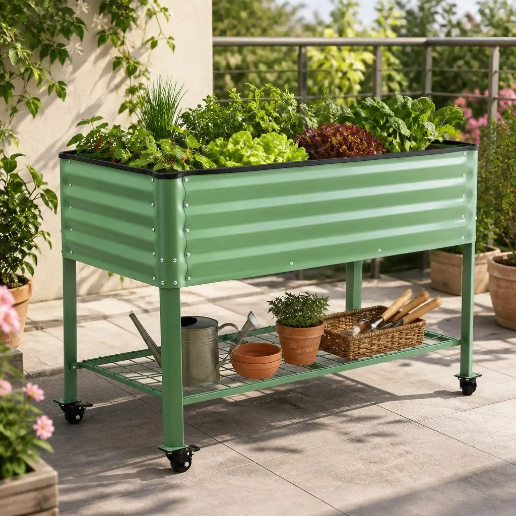 Elevated Garden Bed Green 81cm Mobile Planter with Locking Wheels and Storage Shelf