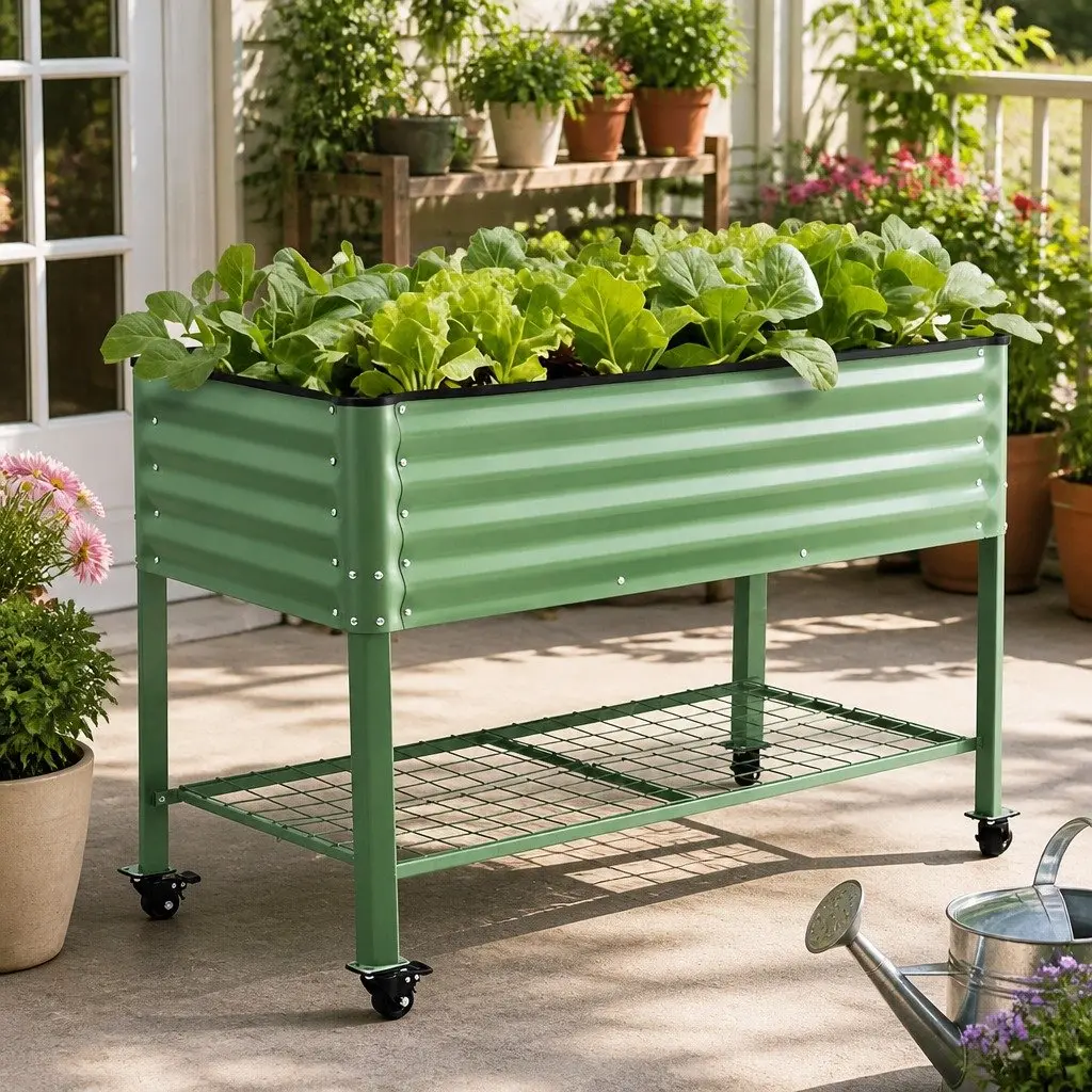 Elevated Garden Bed Green 81cm Mobile Planter with Locking Wheels and Storage Shelf