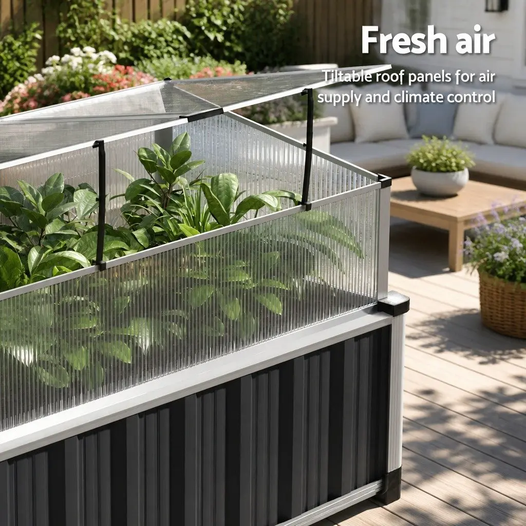 Raised Garden Bed Aluminium Grey 80x49x74cm Polycarbonate Roof Weather Resistant